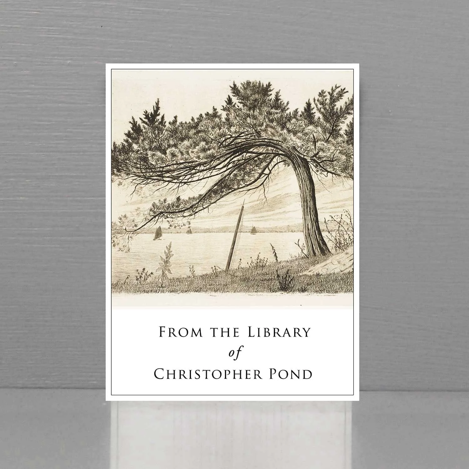 Tree by lakeside bookplate.