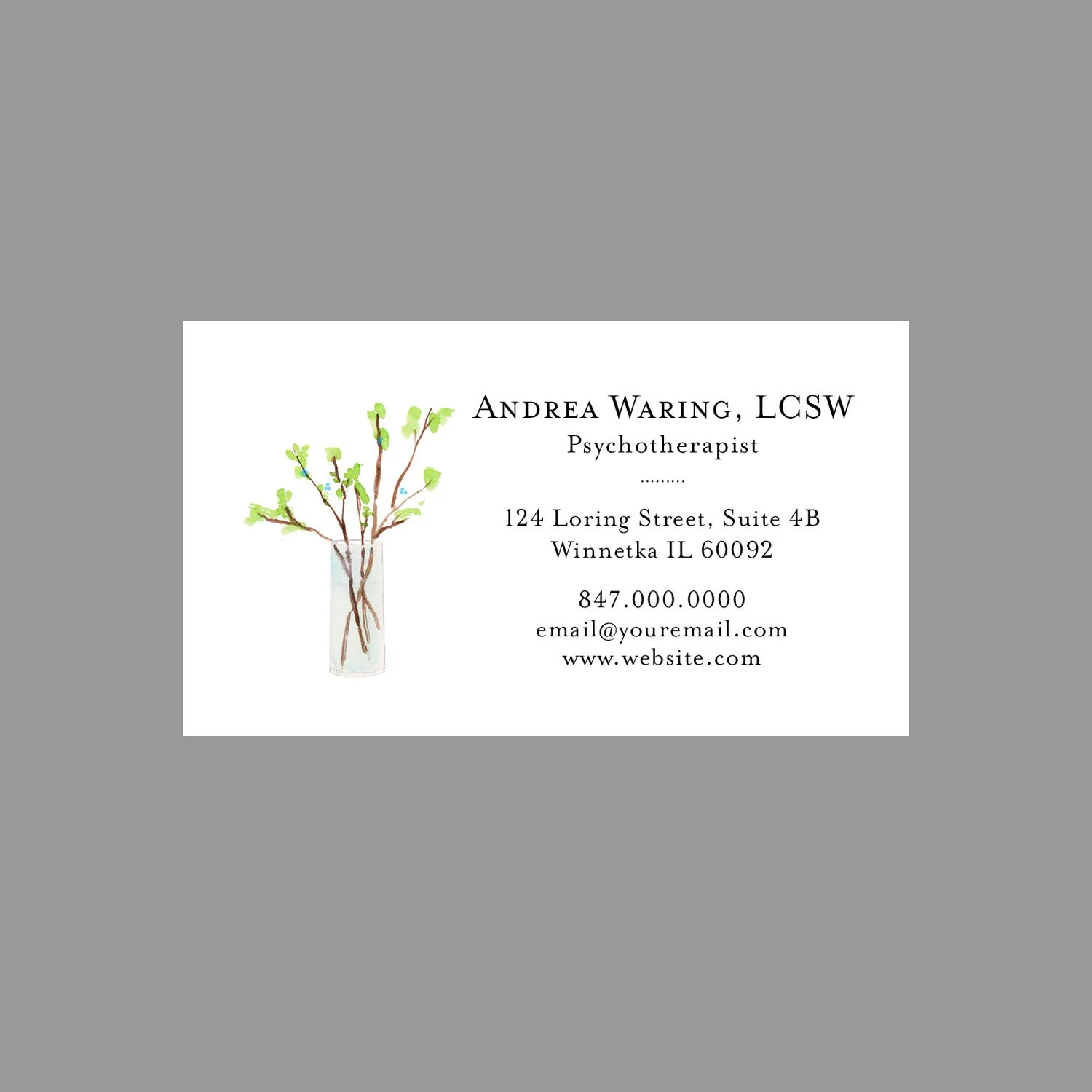Business Card with Twigs in Vase