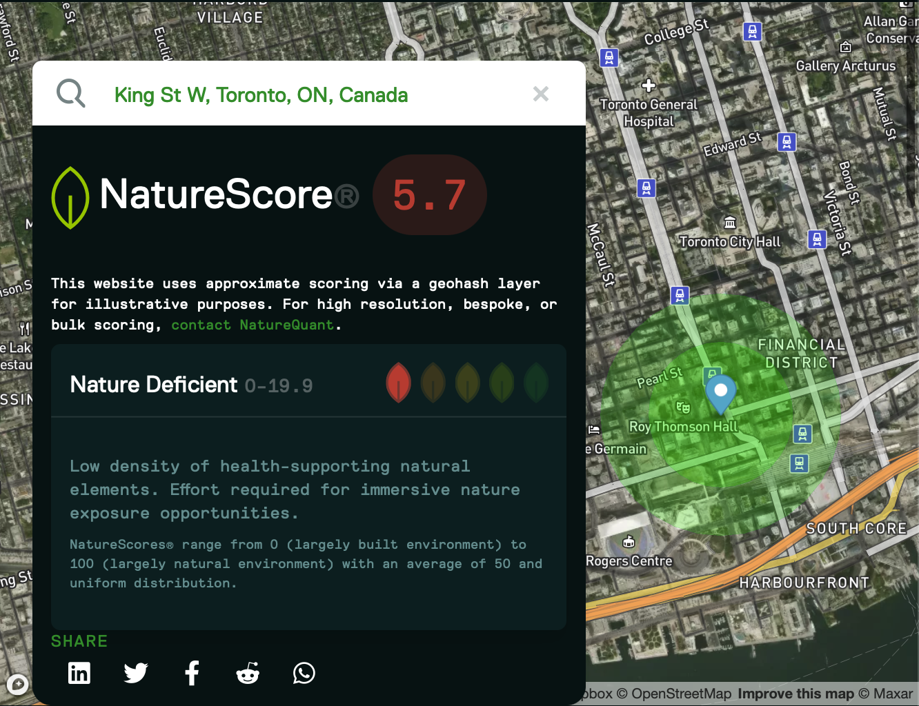 A NatureScore® map of downtown Toronto showing King Street West with a score of 5.7, indicating a nature-deficient area with very low access to health-supporting natural environments.