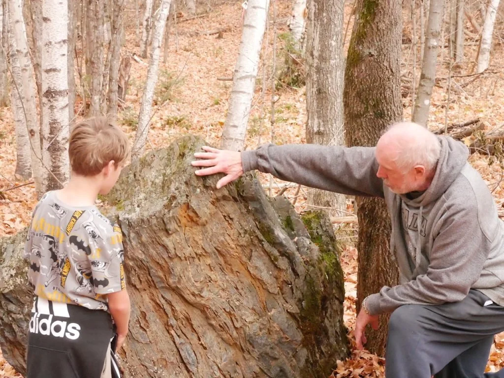 An older adult kneels beside a large exposed rock formation in a deciduous forest, pointing out its layered textures to a young child during an outdoor learning experience.