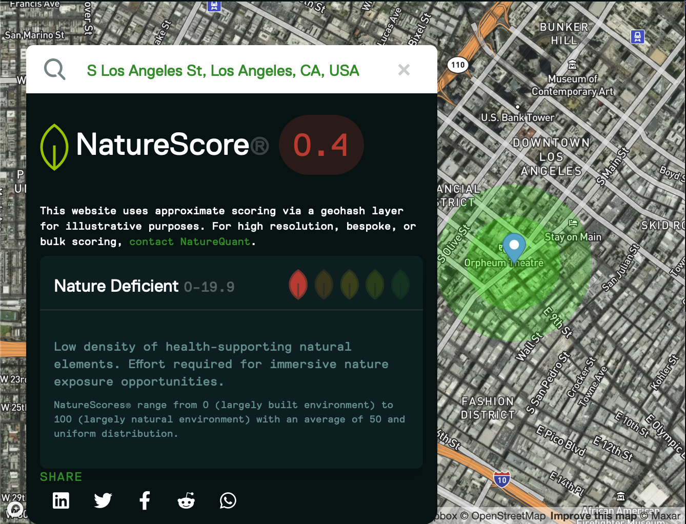 A NatureScore® map of South Los Angeles Street in downtown Los Angeles showing a score of 0.4, indicating an extremely nature-deficient urban environment with almost no nearby health-supporting natural features.