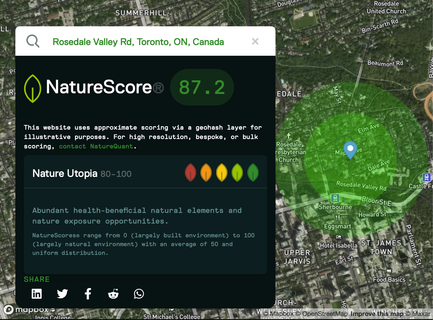 A NatureScore® map of Toronto's Rosedale Valley Road showing a score of 87.2, indicating abundant natural environments and exceptional opportunities for everyday nature exposure.
