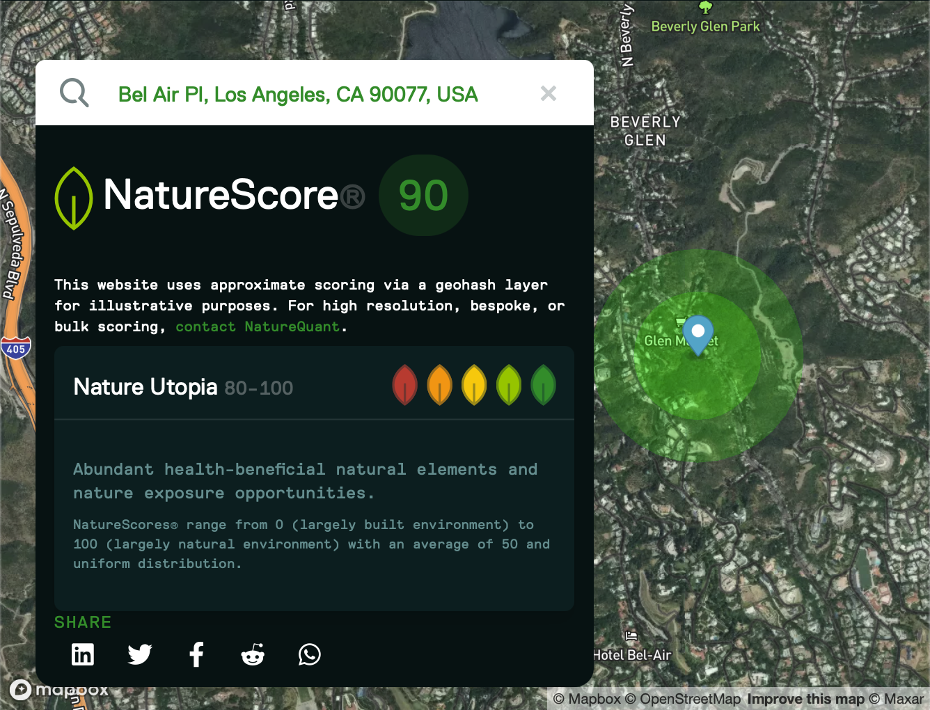 A NatureScore® map of Bel Air Place in Los Angeles showing a score of 90.0, indicating abundant tree canopy, natural landscapes, and exceptional opportunities for everyday nature exposure.