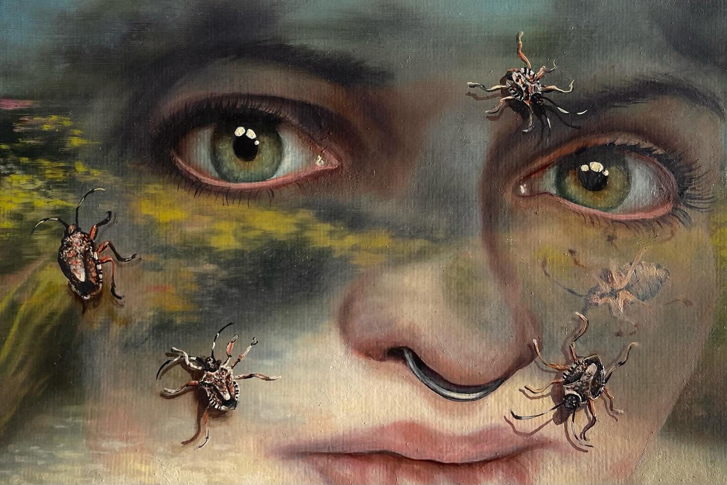 Brand new painting, no title yet! 🪲👁️🪲👁️🪲

#oilpainting #portaitpainting #contemporarypainting #surrealart #surrealportrait #insectpainting #stinkbug #brownmarmoratedstinkbug #newcontemporary #newcontemporaryart