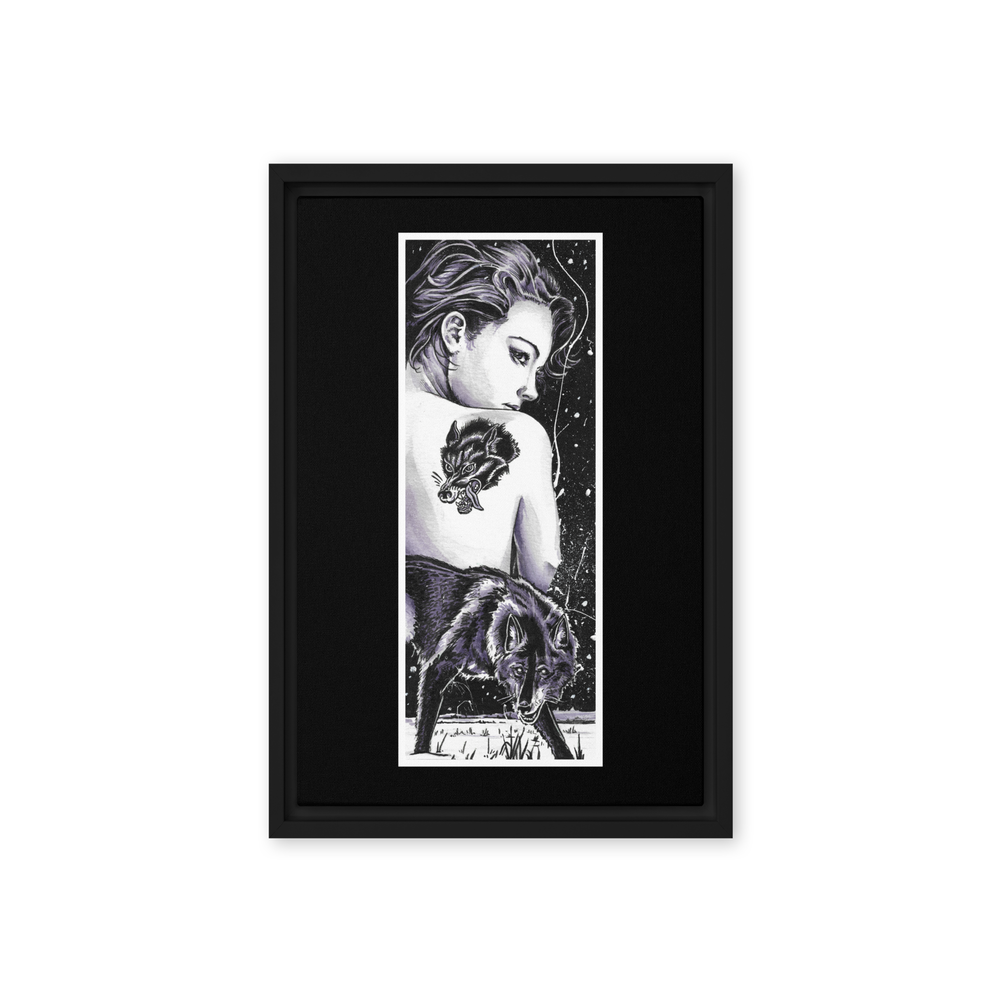 Illustration of a woman with a wolf tattoo on her shoulder and a black wolf prowling in the foreground, set against a bold, starry background