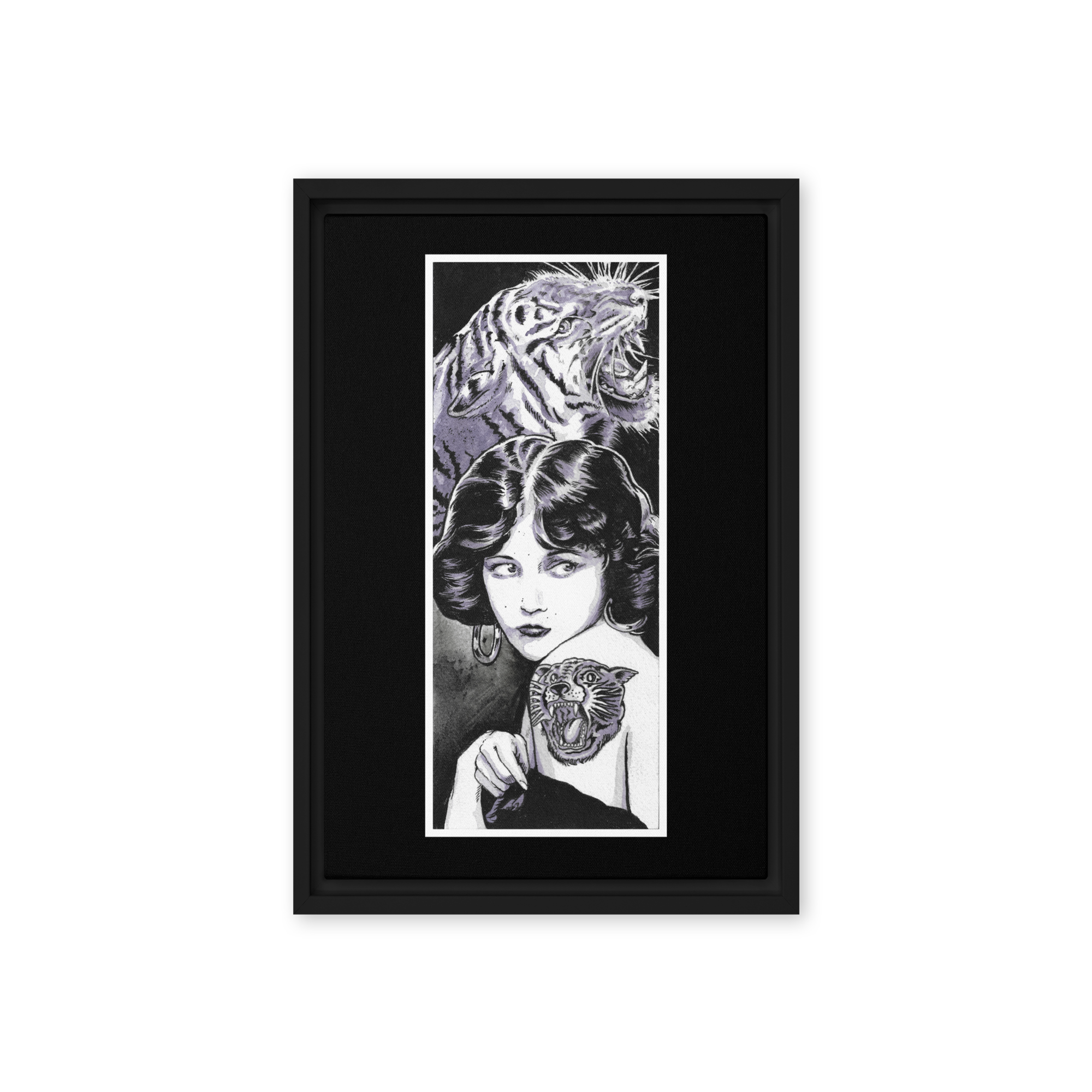 Illustration of a vintage-inspired woman with a tiger tattoo on her shoulder and a roaring tiger in the background, blending elegance and wild energy.