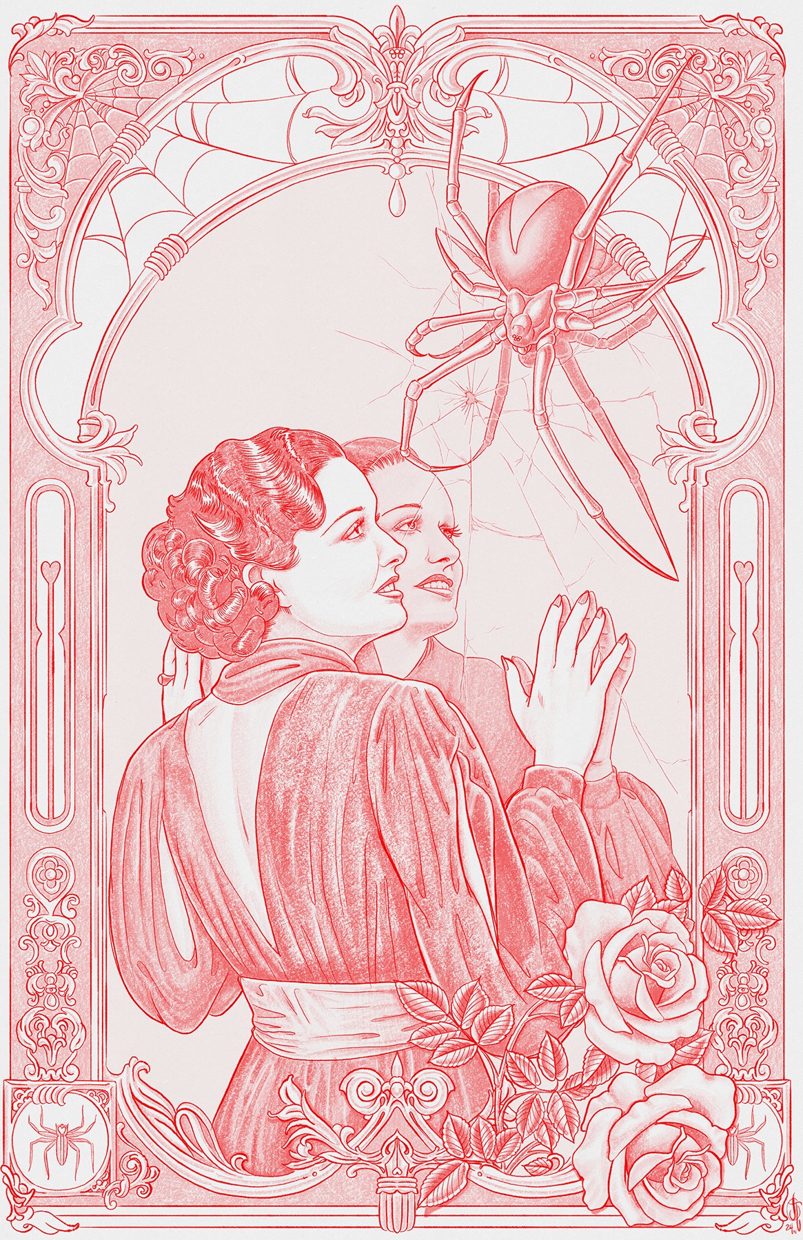 Illustration of two vintage-inspired women gazing into a cracked mirror with an intricate spider weaving its web, surrounded by ornate Art Nouveau framing and blooming roses, rendered in crimson tones.