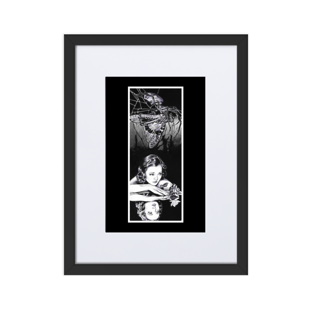 Illustration of a moth caught in a spider’s web above a vintage-inspired woman gazing into her reflection, with intricate details and a blend of suspense and elegance.