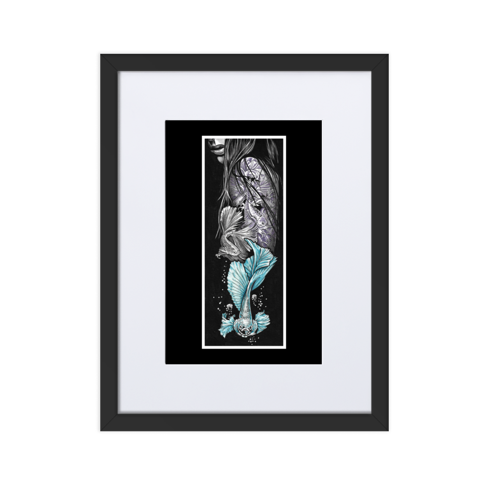Illustration of a woman with koi-inspired tattoos and vibrant teal betta fish, set against a dark background, blending aquatic elegance and tattoo art.