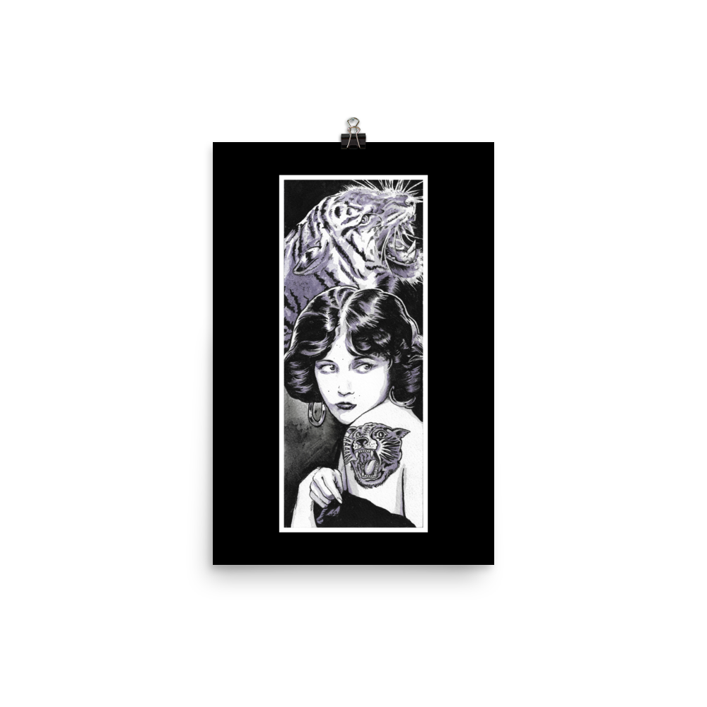 Illustration of a vintage-inspired woman with a tiger tattoo on her shoulder and a roaring tiger in the background, blending elegance and wild energy.
