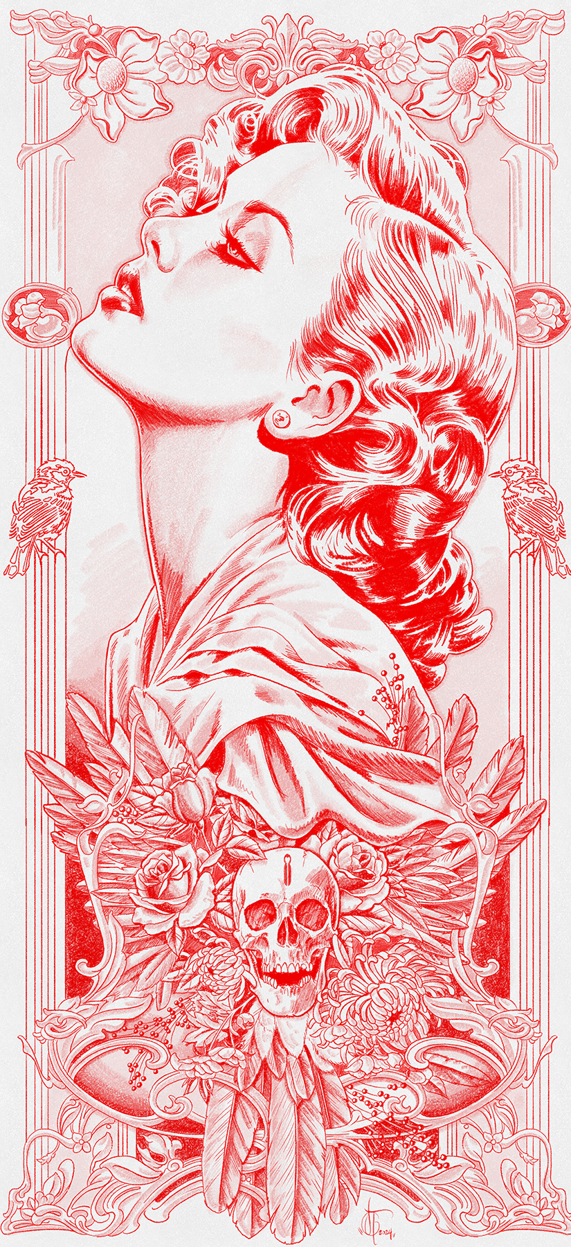 Illustration of a vintage-inspired woman with styled hair, surrounded by intricate Art Nouveau floral designs, birds, feathers, and a skull adorned with roses, rendered in crimson tones.