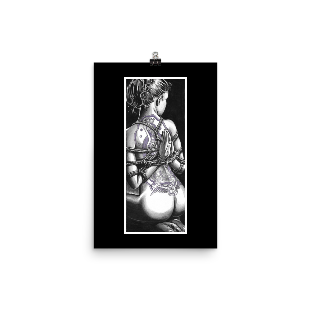 Illustration of a seated figure bound in intricate rope work, featuring a symbolic tattoo on their back, rendered in monochromatic tones with subtle color accents.