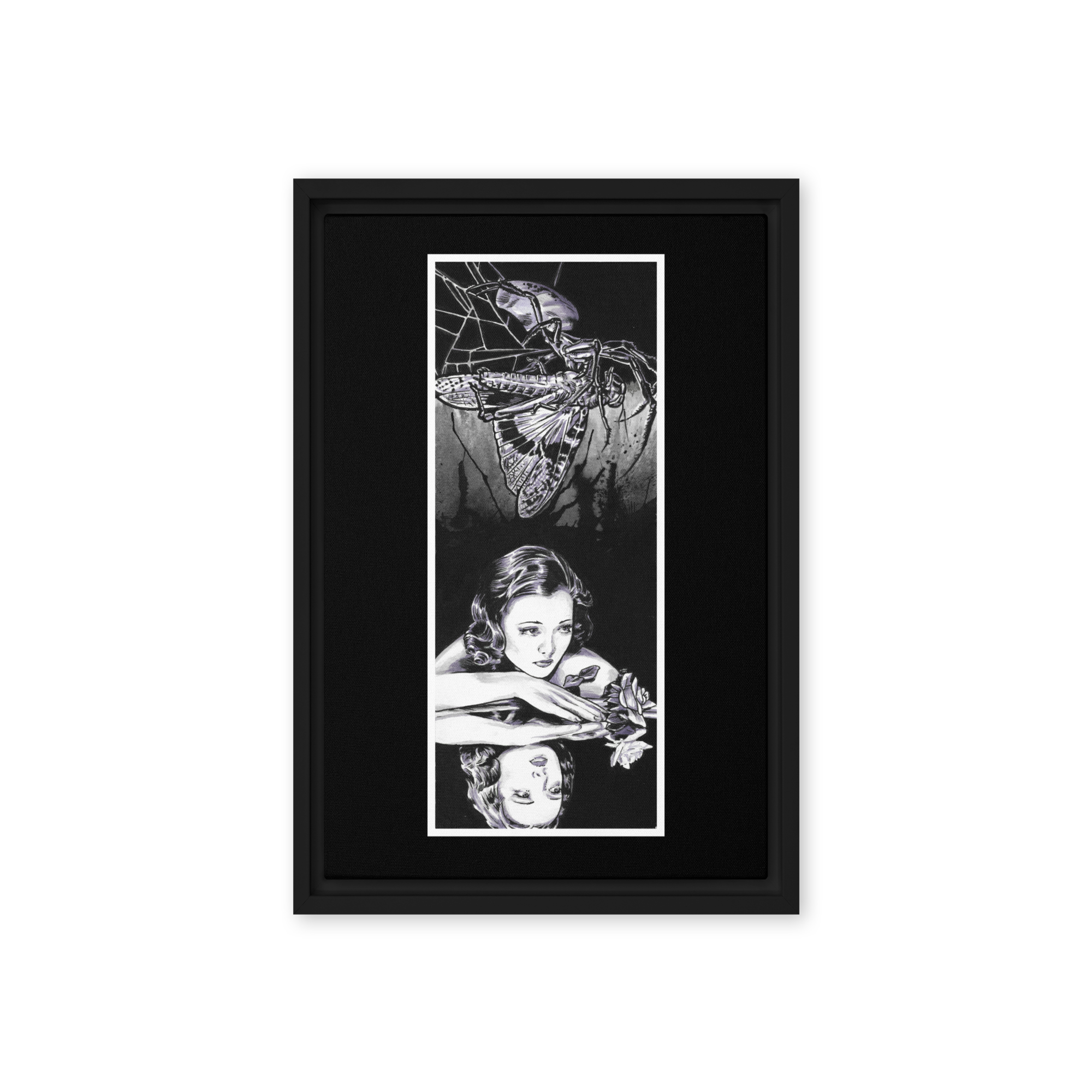 Illustration of a moth caught in a spider’s web above a vintage-inspired woman gazing into her reflection, with intricate details and a blend of suspense and elegance.