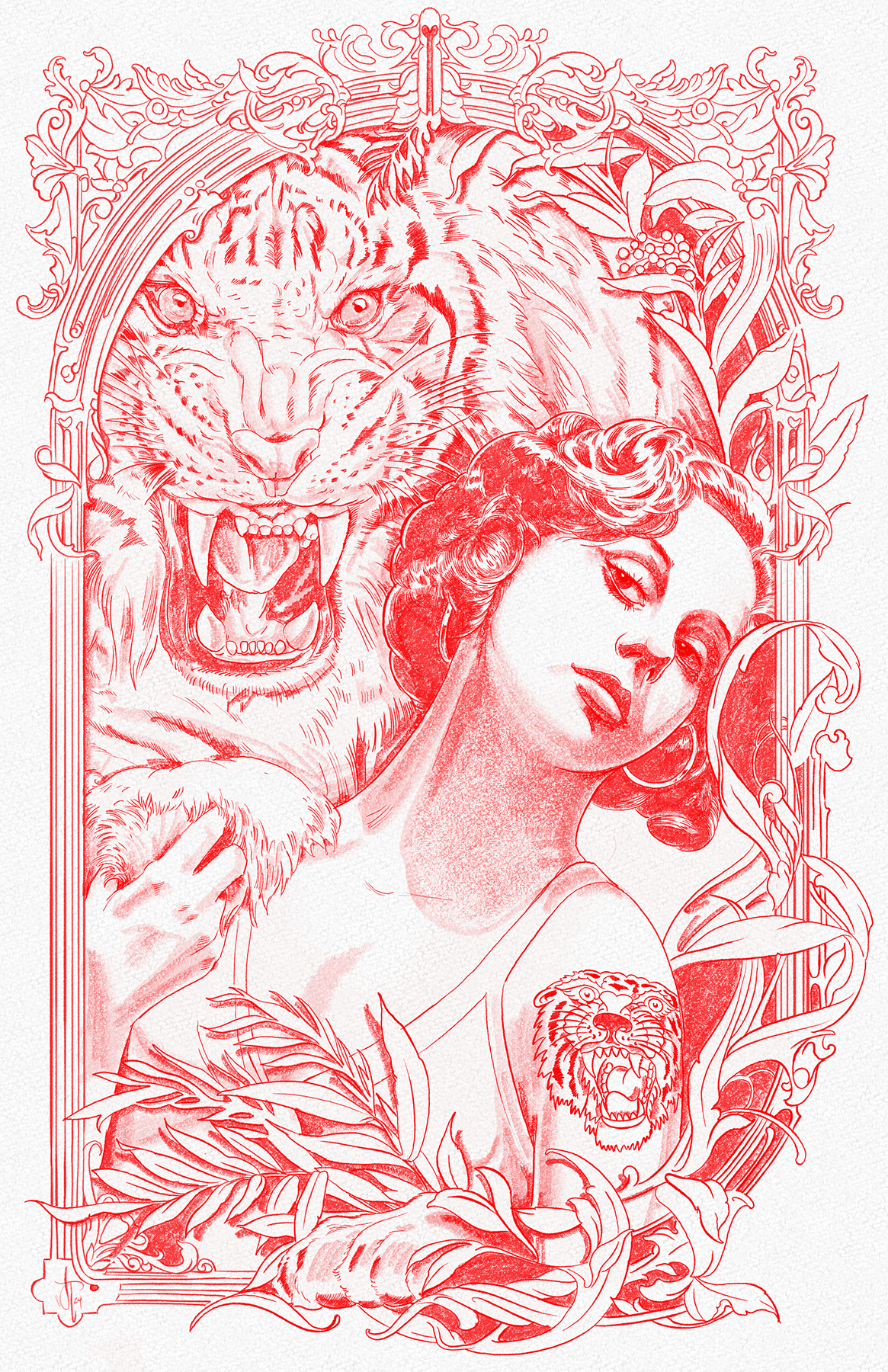 Illustration of a roaring tiger alongside a poised vintage-inspired woman, framed by intricate Art Nouveau botanical designs, with a tiger tattoo on her shoulder, rendered in bold crimson tones.