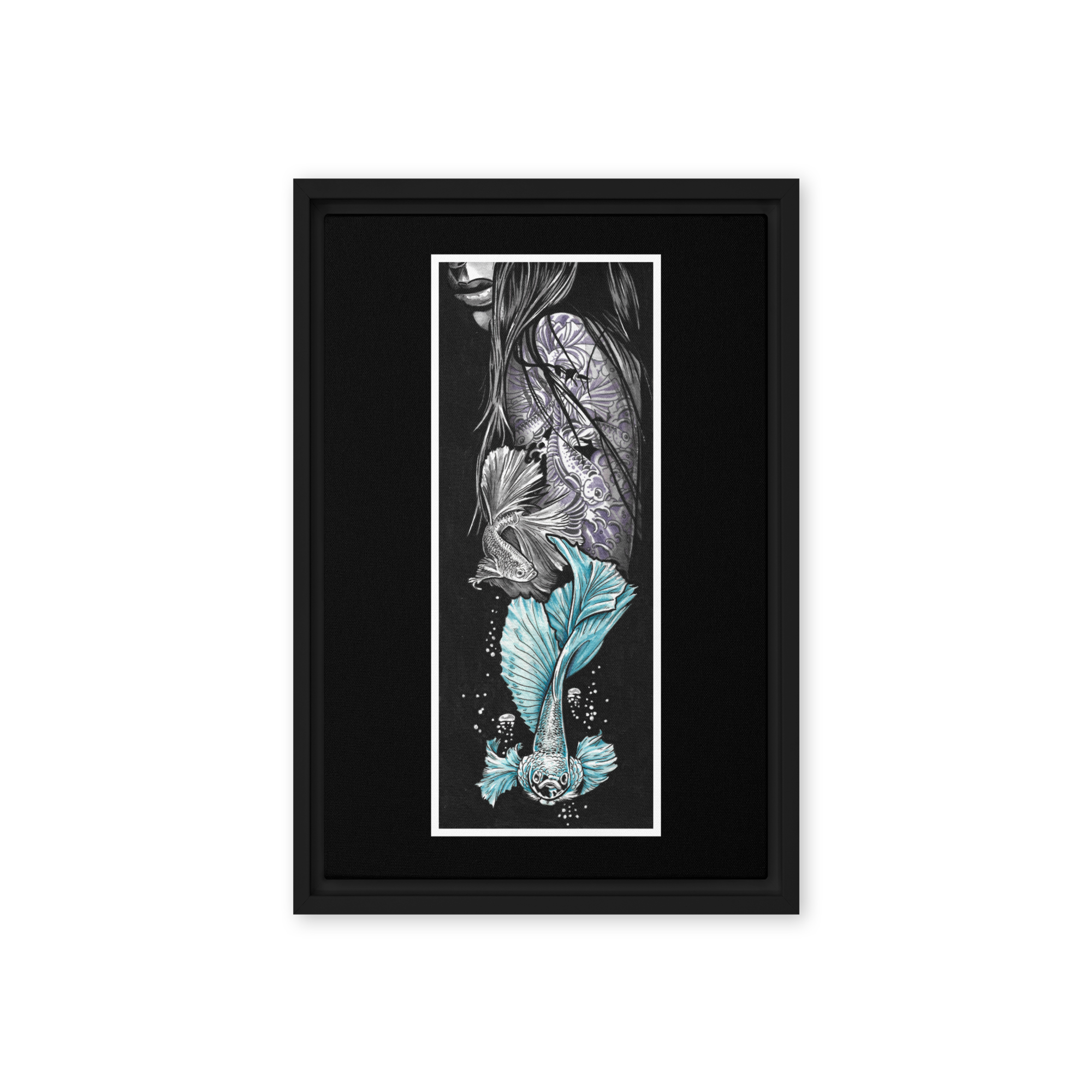 Illustration of a woman with koi-inspired tattoos and vibrant teal betta fish, set against a dark background, blending aquatic elegance and tattoo art.