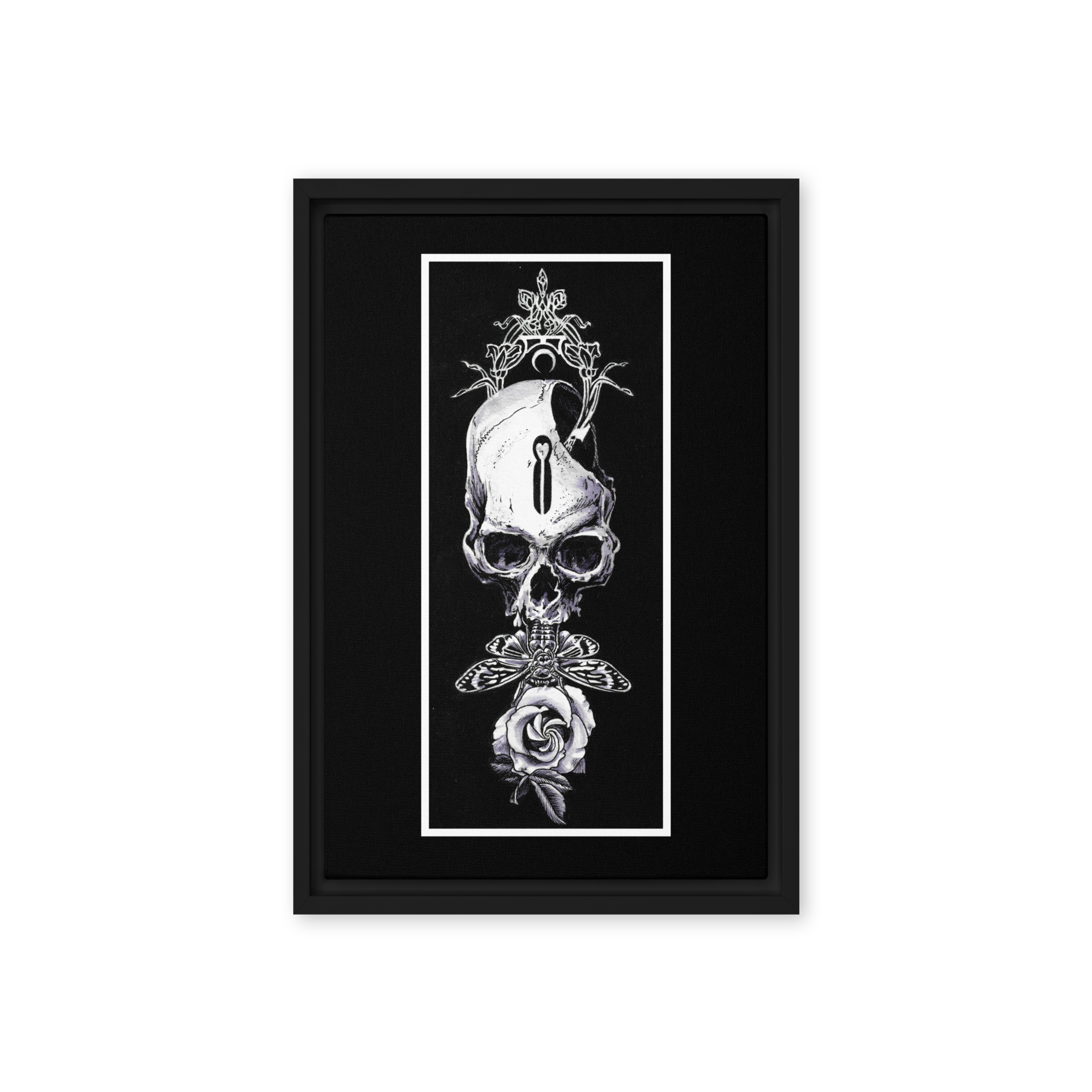 Dark gothic artwork of a skull crowned with floral and crescent moon motifs, a moth below its jaw, and a blooming rose, symbolizing life, death, and transformation.