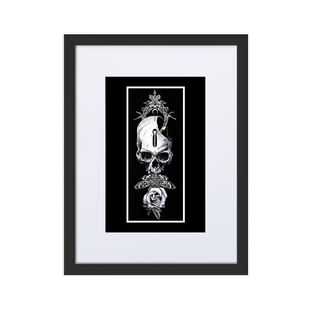 Dark gothic artwork of a skull crowned with floral and crescent moon motifs, a moth below its jaw, and a blooming rose, symbolizing life, death, and transformation.