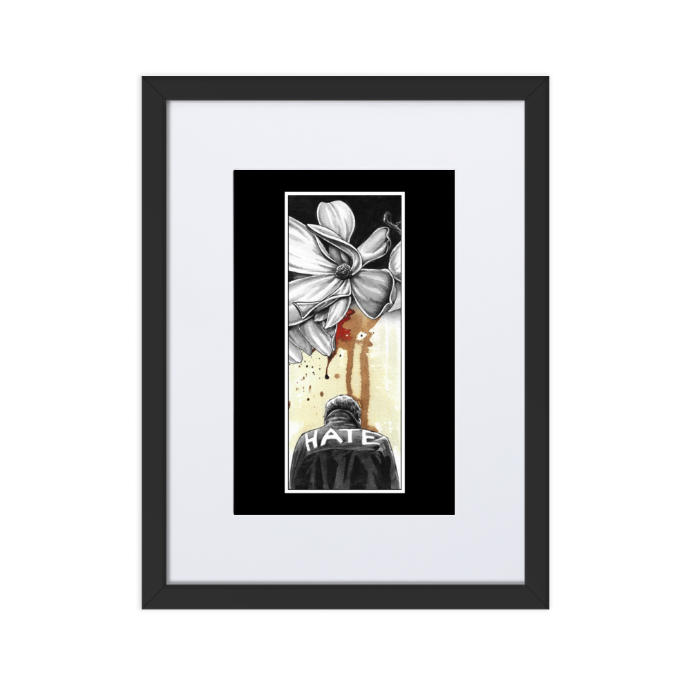 Illustration of a figure with 'HATE' on their jacket, juxtaposed with delicate magnolia flowers and abstract splashes of color, evoking emotional depth and conflict.