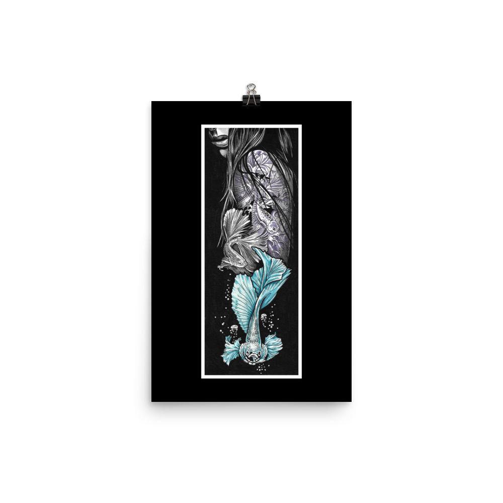 Illustration of a woman with koi-inspired tattoos and vibrant teal betta fish, set against a dark background, blending aquatic elegance and tattoo art.