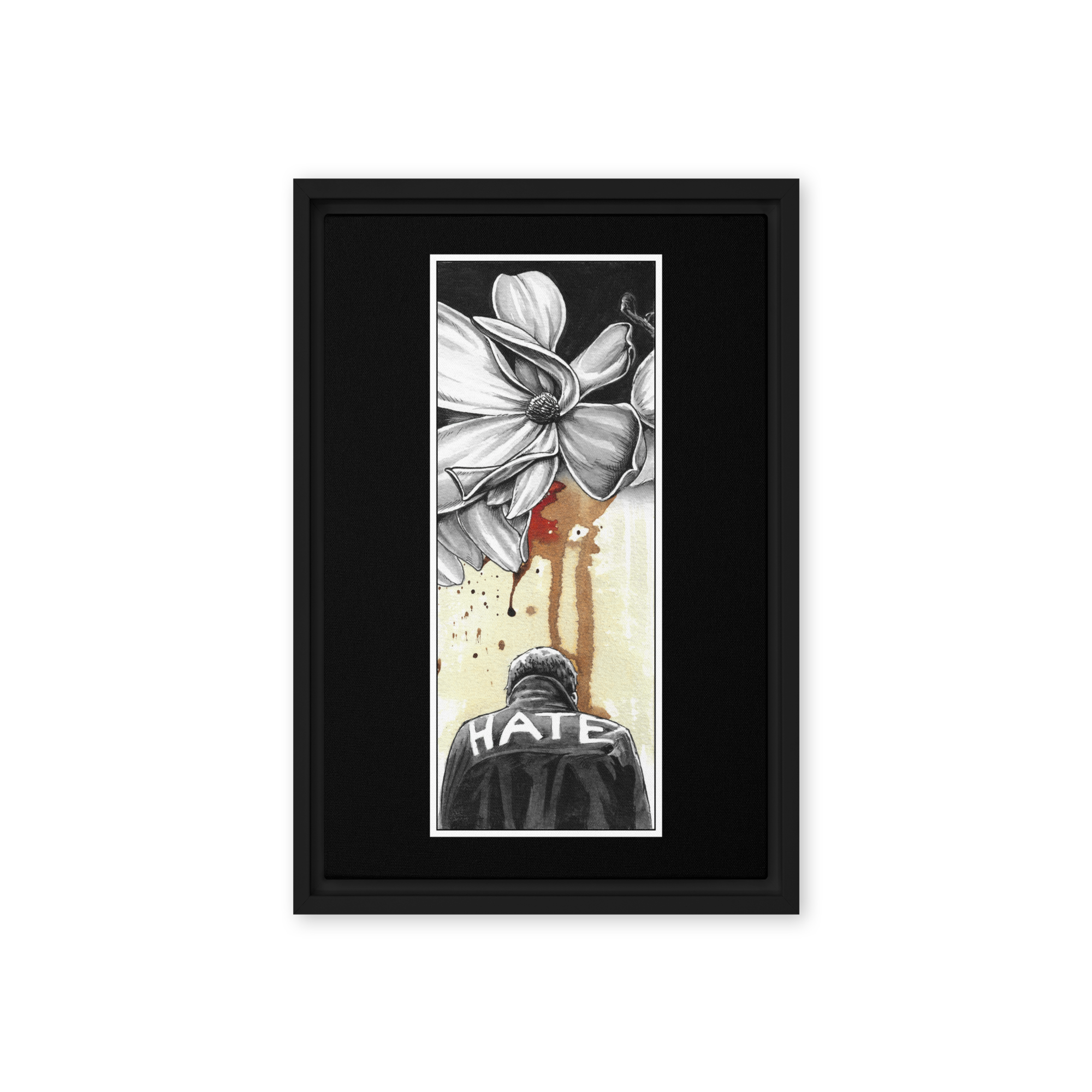 Illustration of a figure with 'HATE' on their jacket, juxtaposed with delicate magnolia flowers and abstract splashes of color, evoking emotional depth and conflict.