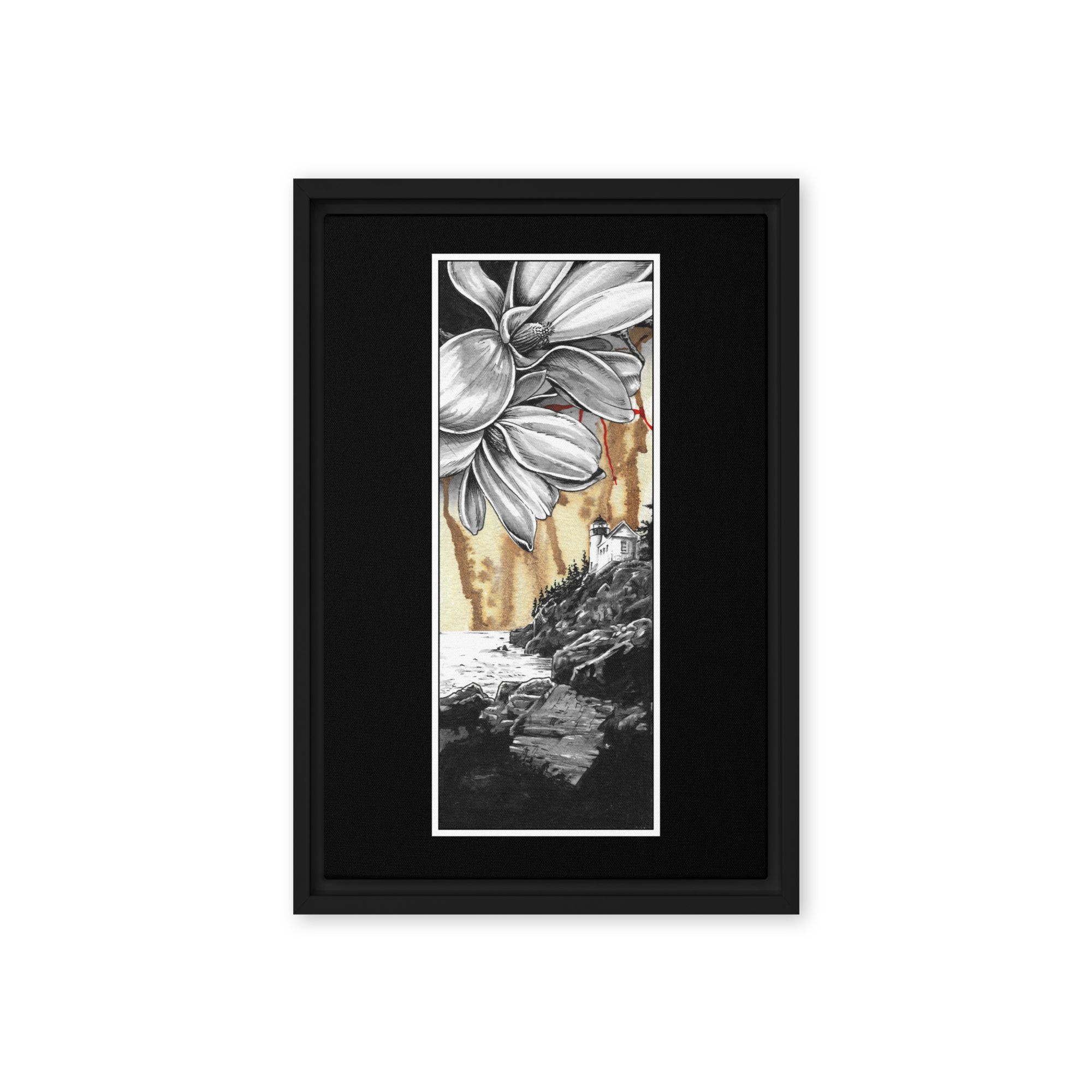 Art print featuring a lighthouse on rocky coastal cliffs, accented by large detailed flowers under a dramatic sky with golden tones and crimson streaks.
