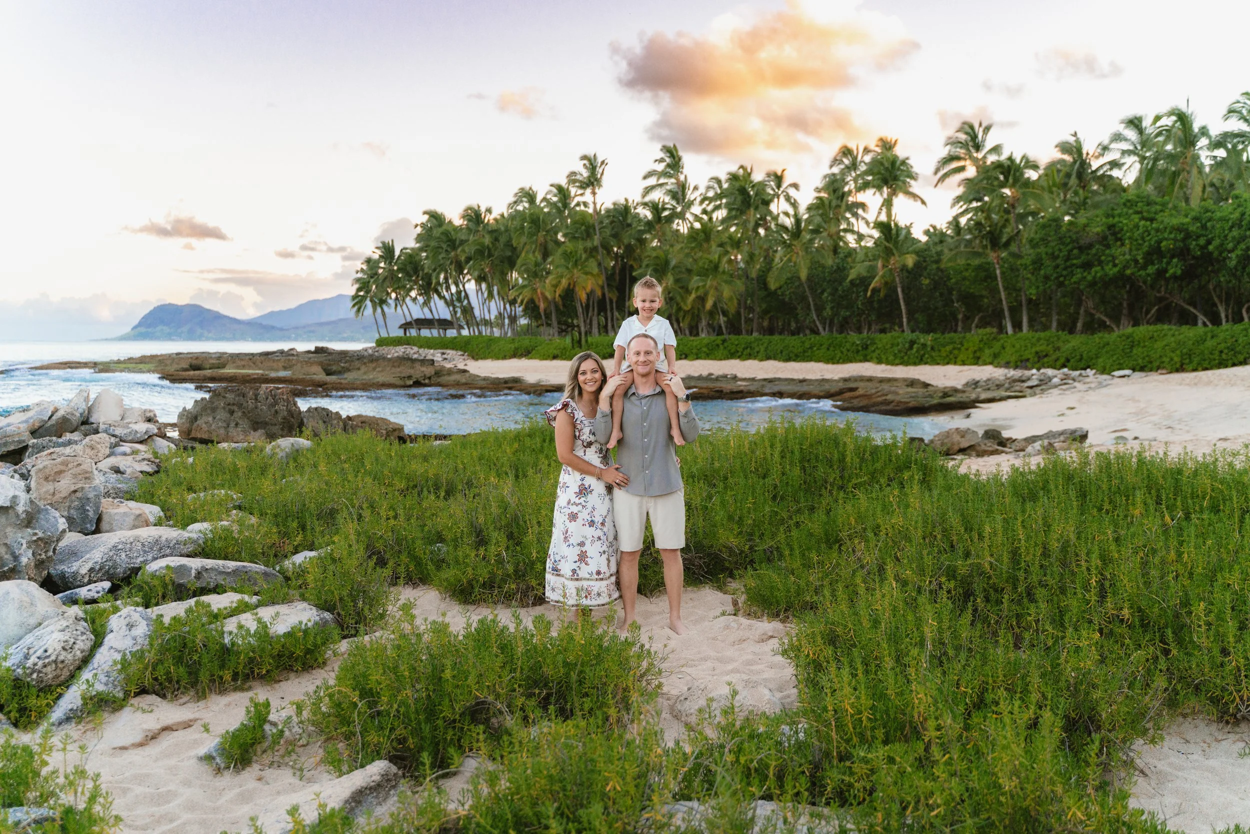 Family photography session at Secret Beach in Ko Olina during sunset.