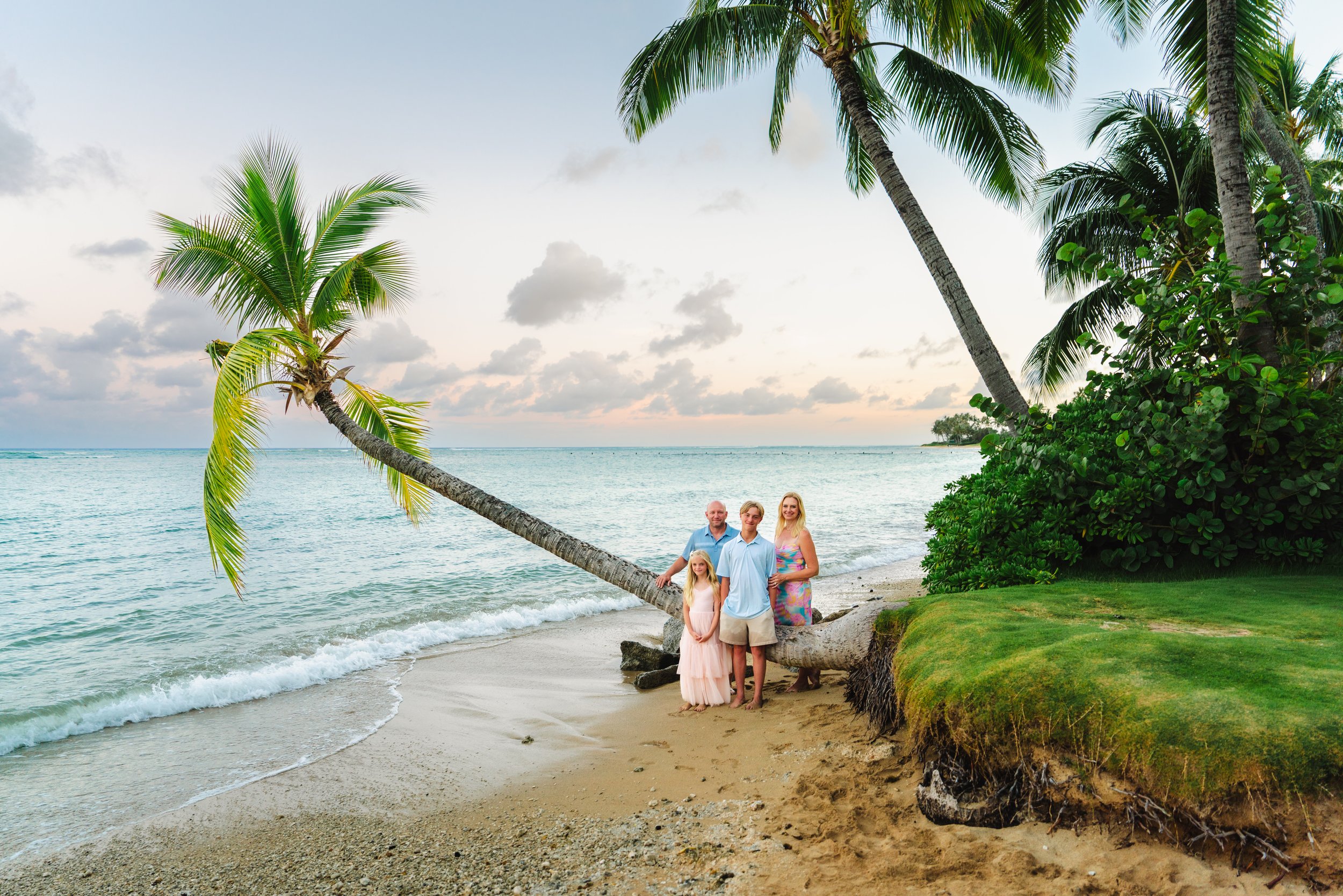 Family photographed together at sunset by a big palm tree on beautiful Kahala Beach in Oahu