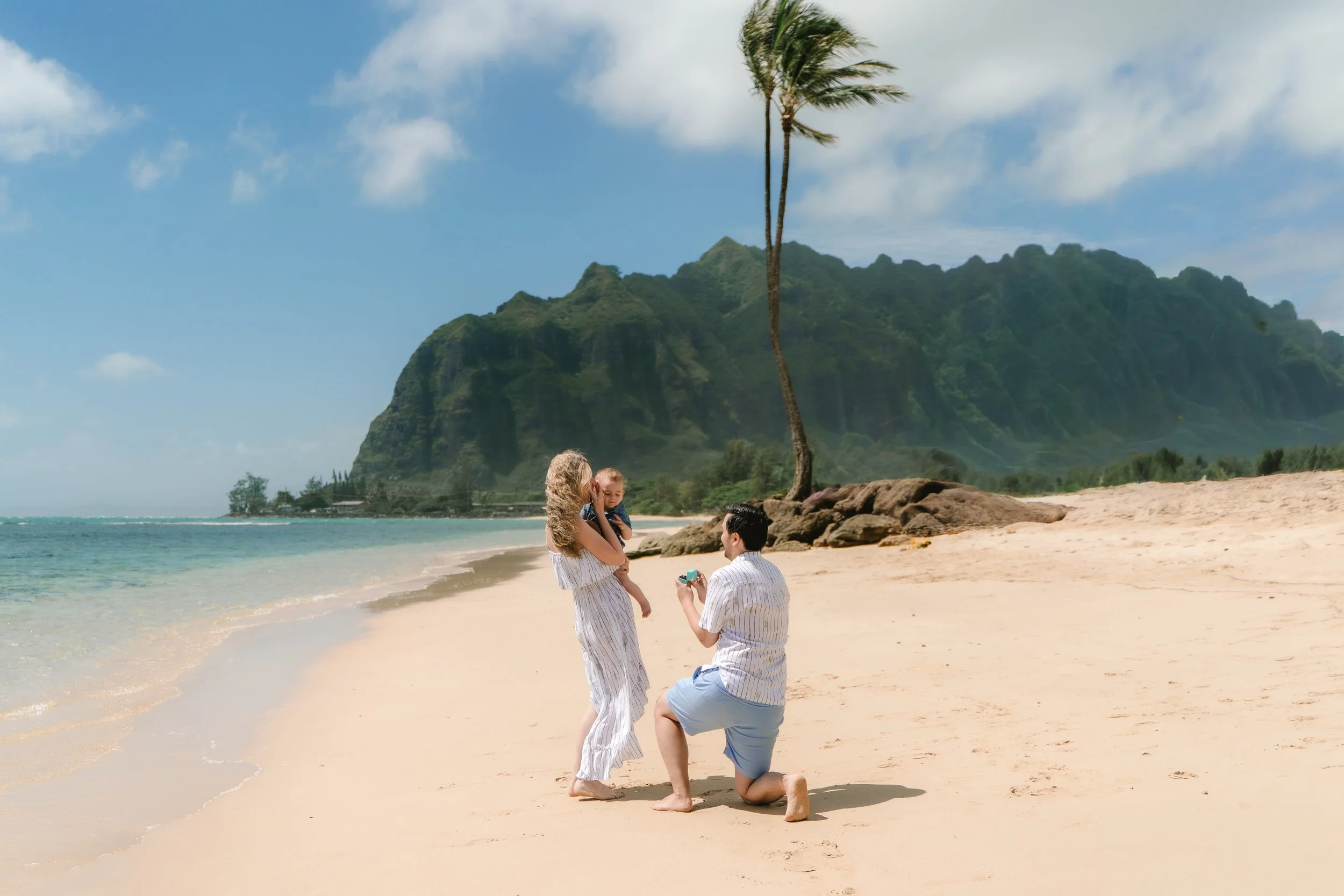 A couple is proposing on a sandy beach with a woman holding a child, as a man kneels to present a ring, in front of lush green mountains and a tall palm tree, with blue skies and ocean waves.