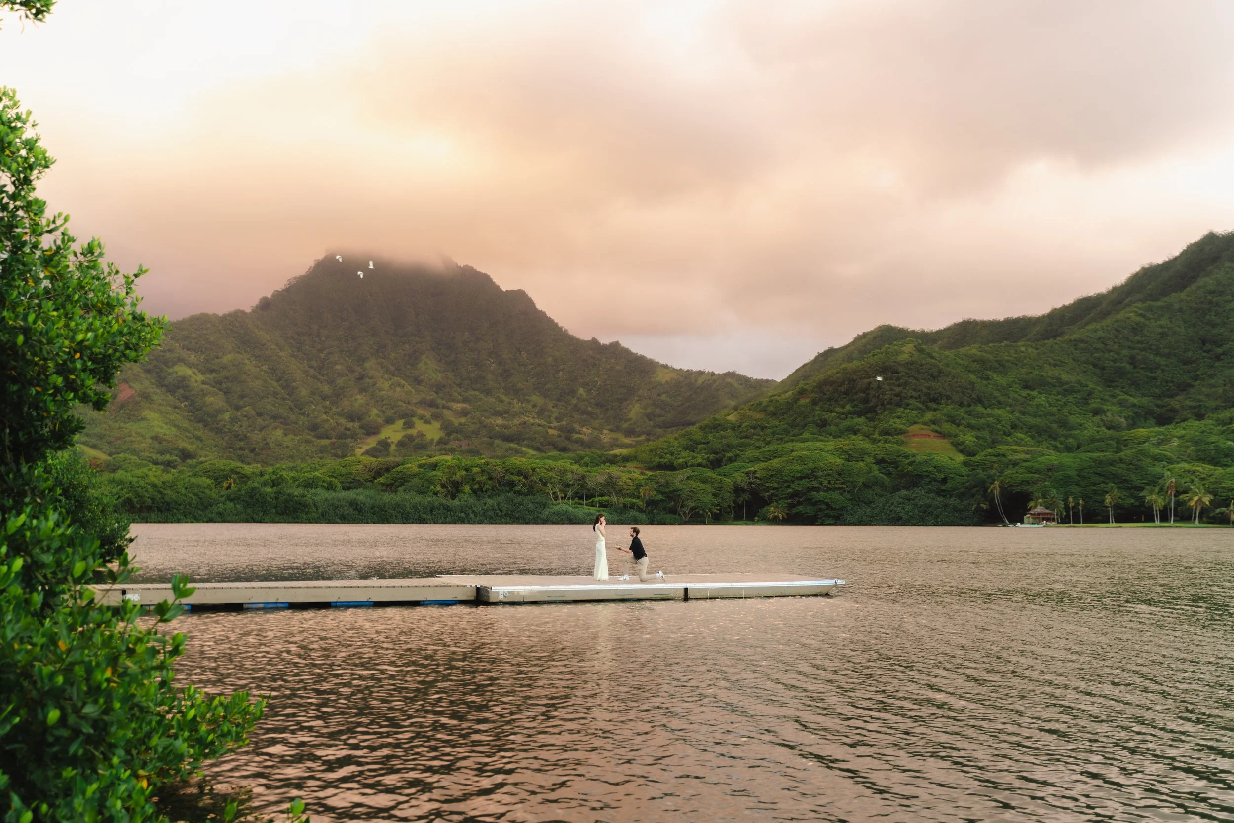 Surprise sunrise proposal photographed at Kualoa Regional Park with dramatic Oahu mountain views