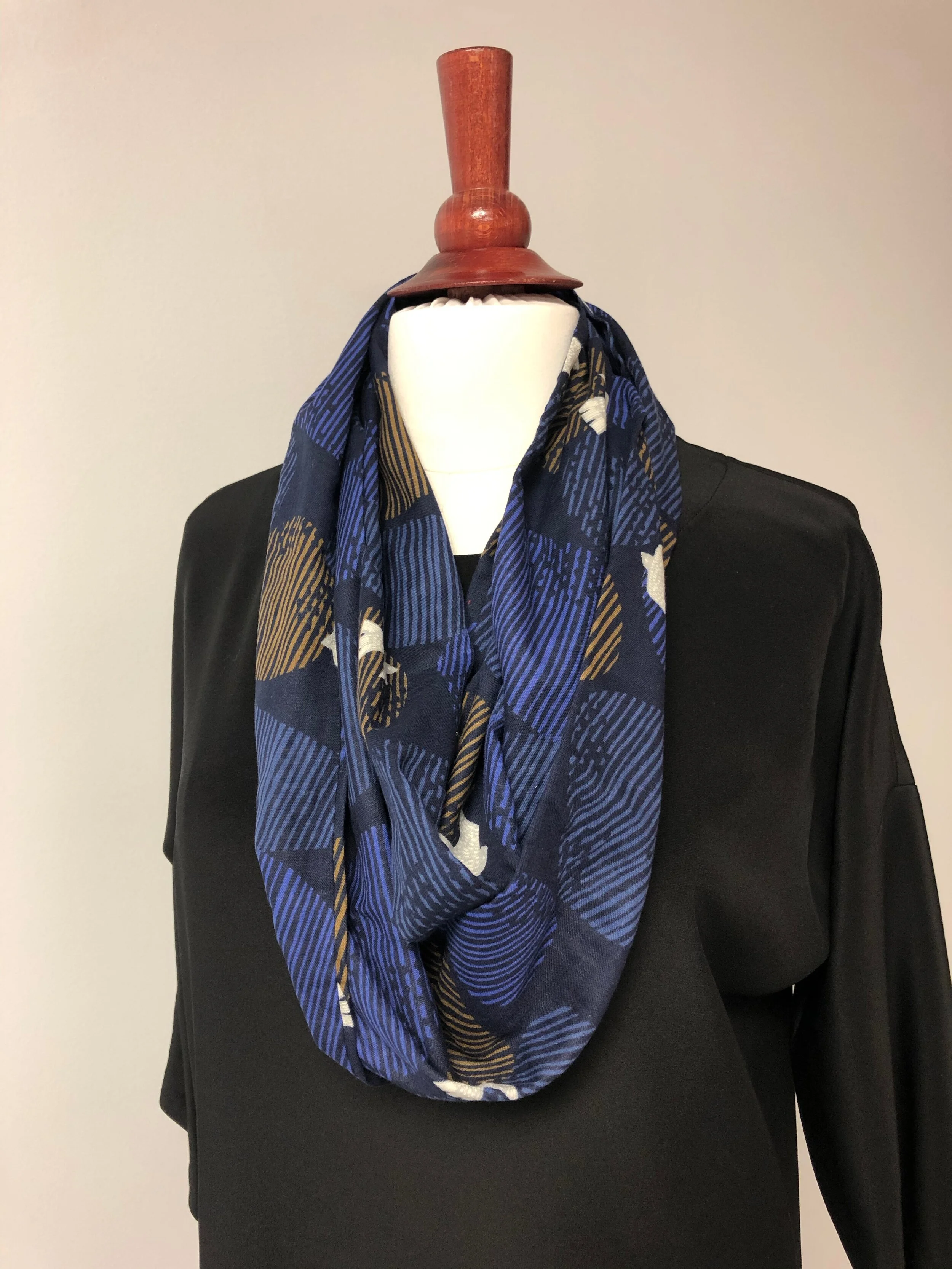 cotton double-gauze infinity scarf, indigo and mocha