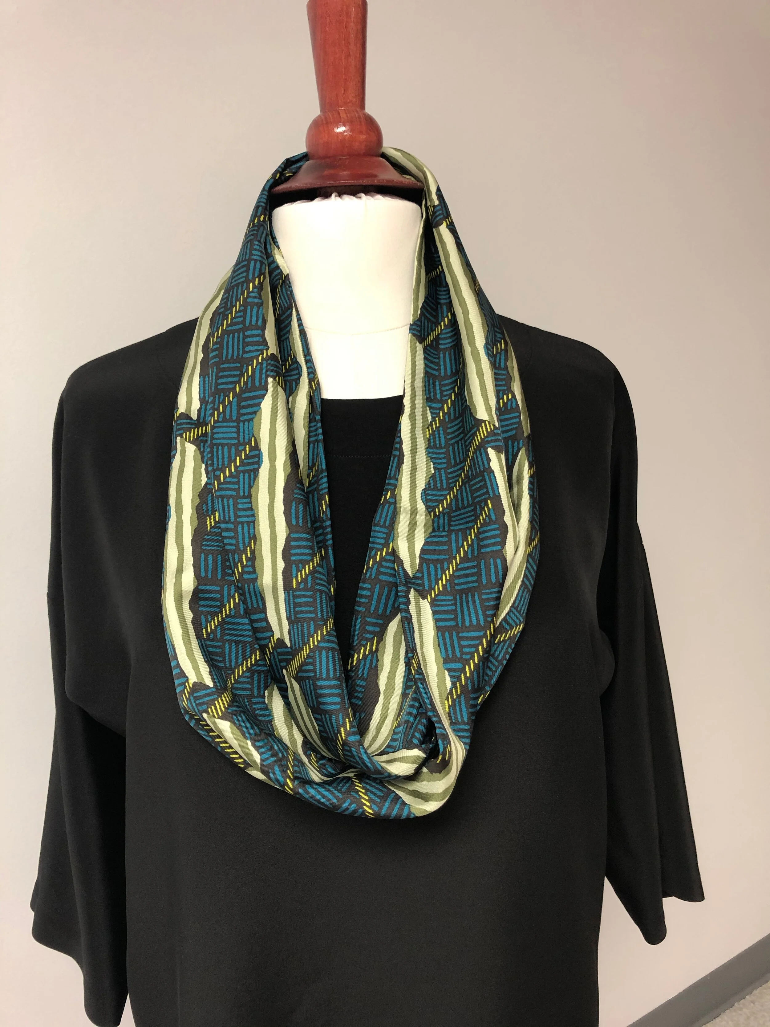 silk twill infinity scarf, black/olive/teal