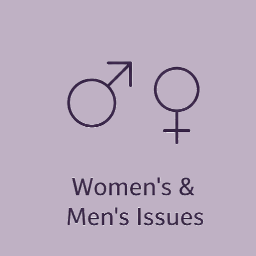 Symbols of male and female genders above the text "Women's & Men's Issues" on a purple background.