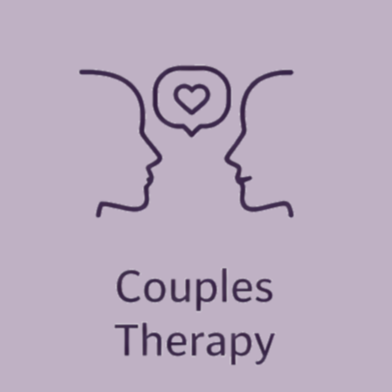 Illustration of two faces facing each other with a heart between them, representing couples therapy on a light purple background.