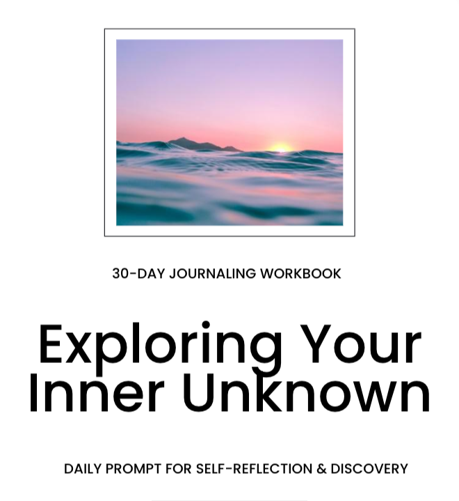 A book cover titled "Exploring Your Inner Unknown," featuring a serene ocean scene at sunset with pastel pink and purple sky and distant mountains.