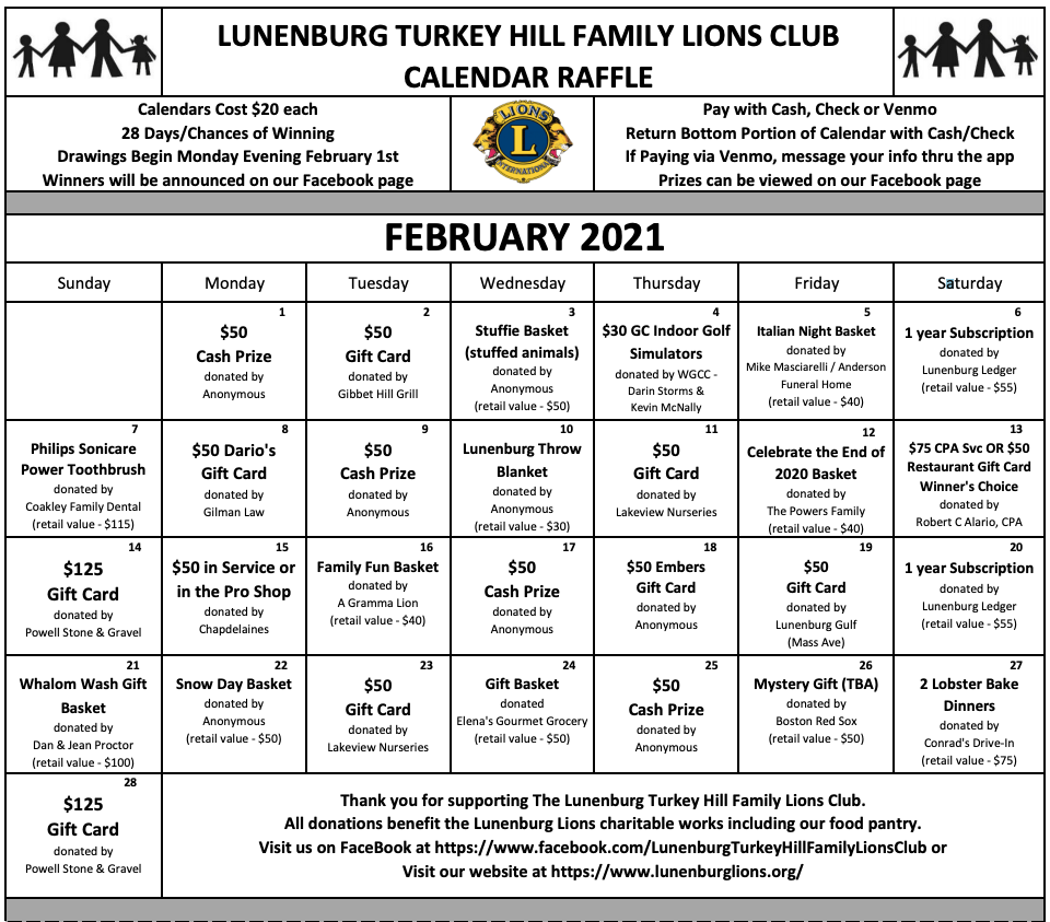 Calendar Raffle Fundraiser Lunenburg Turkey Hill Family Lions Club