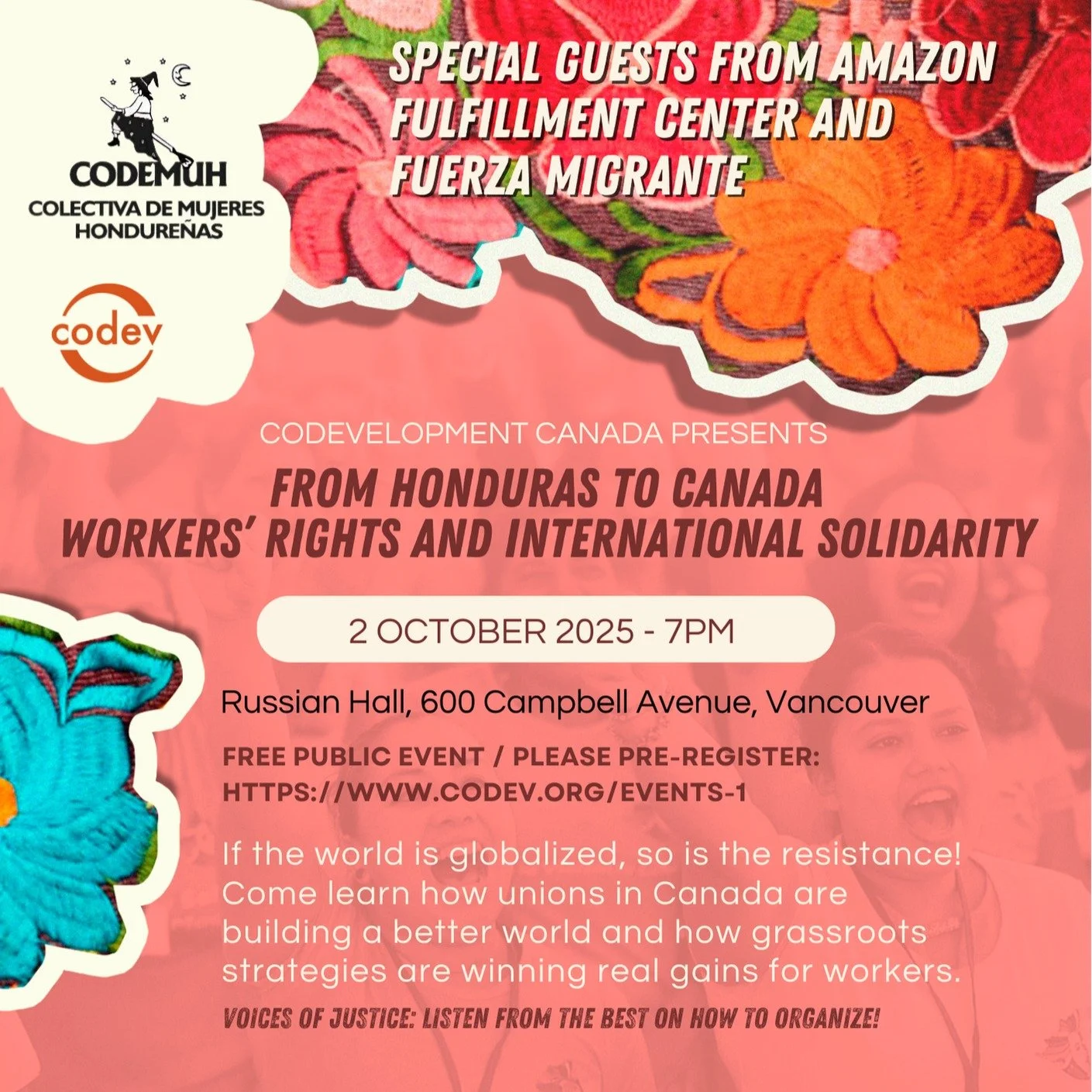 From Honduras to Canada: Workers' Rights and International Solidarity -- free public event on October 2 at the Russian Hall. 

Full details and pre-registration: https://www,codev.org/events-1

#internationalsolidarity #womensrightsarehumanrights✊🏻✊