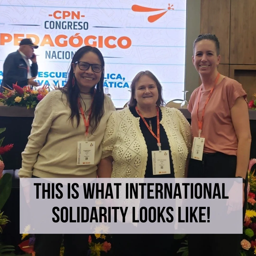 CoDev Education Program Director Alexandra Henao-Castrillon (left) with BCTF President Carole Gordon (centre) and BCTF International Solidarity Program Director Andree Gacion (right) in Colombia for the 3rd National Pedagogical Congress.

#internatio