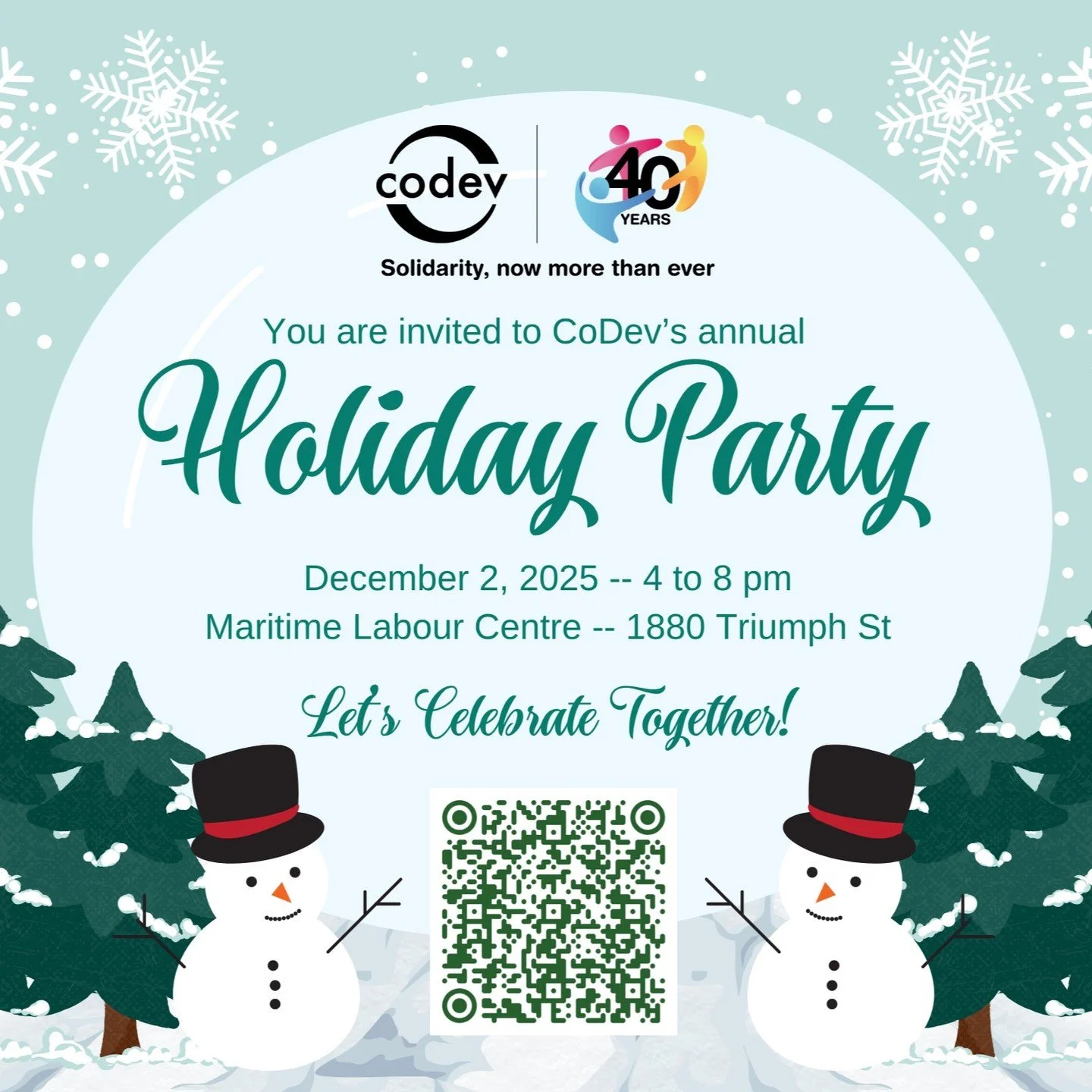 Inviting all CoDev partners, supporters, and the curious to plan now to drop by our annual Holiday Party! Tuesday December 2 from 4 to 8 pm at the Maritime Labour Centre. Scan the QR code and let us know you're coming!

@bcgeu @bcteachersfederation @