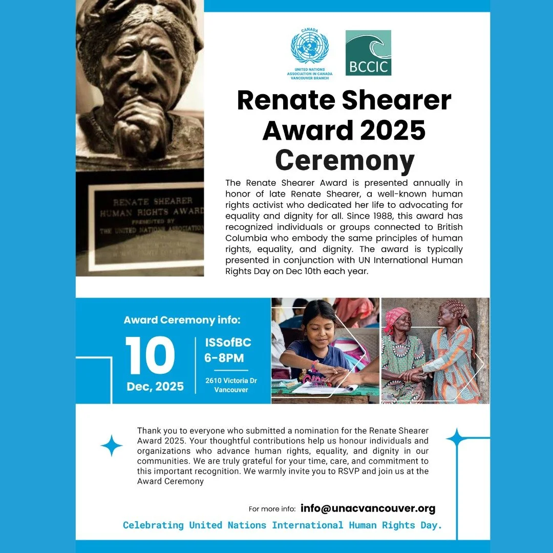 Our friends at @unacvancouver with the help of the @bccic organize this award every year for International Human Rights day. Plan now to attend!

The award recognizes individuals and or groups / organizations that have made significant contributions 