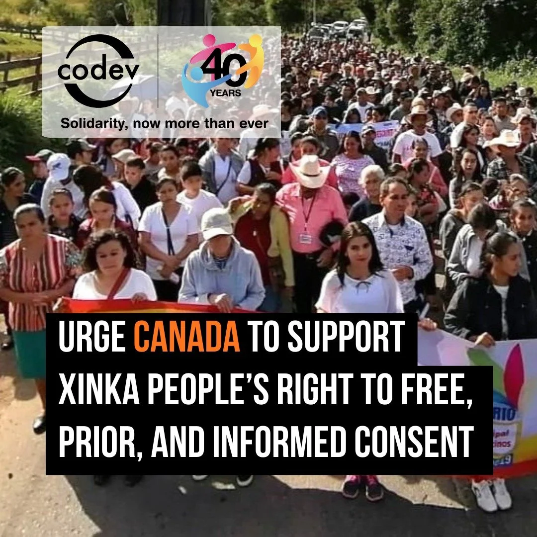 Last year CoDev co-hosted a delegation of Xinka women from Guatemala. They described their People's struggle for self-determination as they peacefully oppose Canadian mining company Pan American Silver. 

Please show your support and call on Canada t