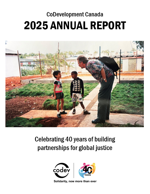 Cover page for annual repotr, photo with man leaning forward to hear two boys talking, set in a yard.
