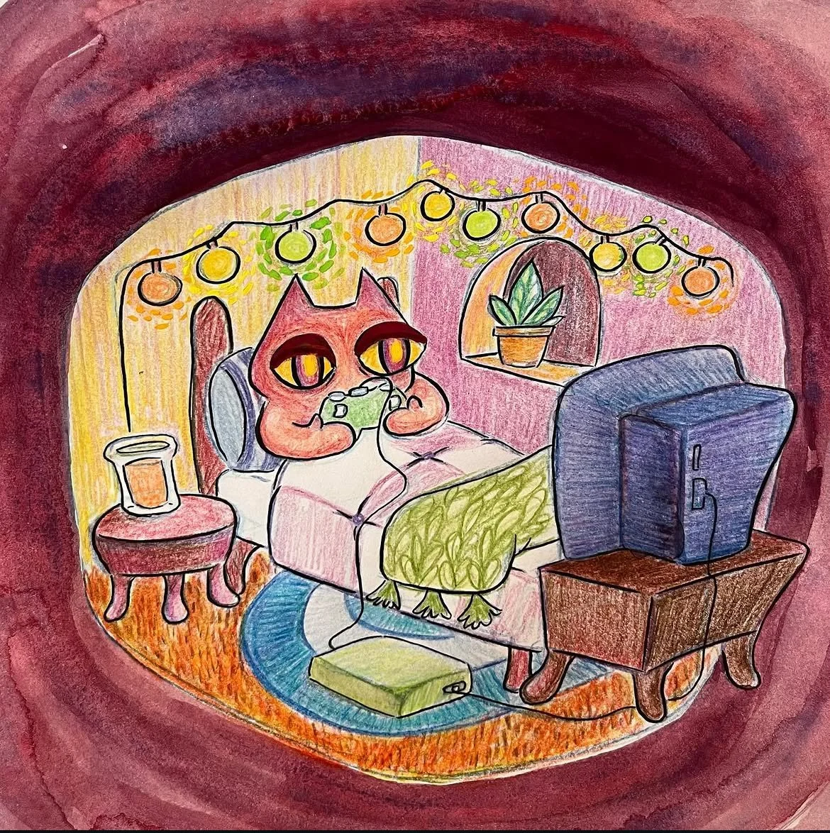 8x8", watercolor, colored pencil and ink. Illustration of a cat playing videogames in a cozy bed.