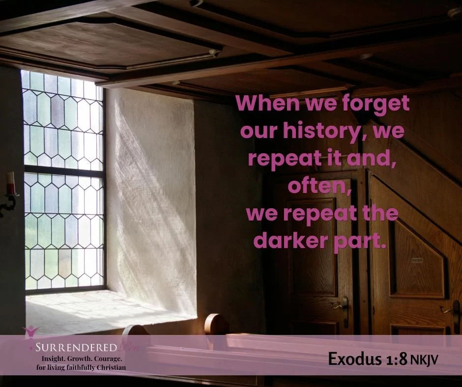 An image of an open church window illuminting a darker area of a church with words to the side about remembering our history