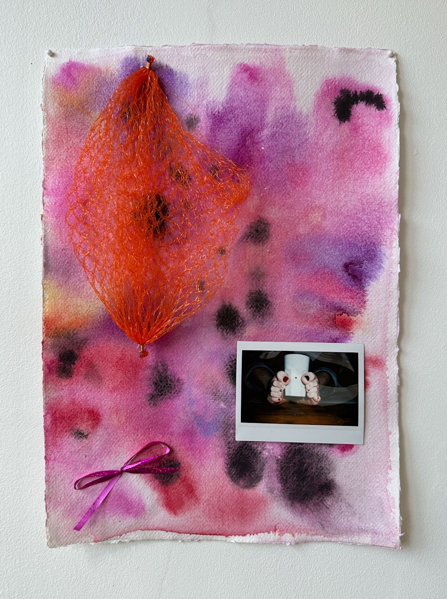 "My Baby Drinks Orange Juice," watercolor, polaroid, plastic net, and ribbon on paper, 16.5 x 11.7 inches, 2024