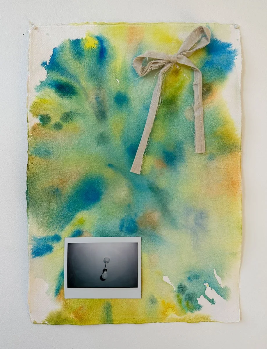 "The Light in the Hall," watercolor, polaroid, and ribbon on paper, 16.5 x 11.7 inches, 2024