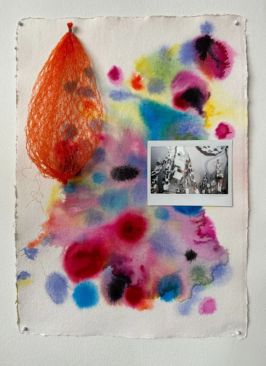 "Screwdriver (New Year, New Me)," watercolor, netting, and polaroid on paper, 16.5 x 11.7 inches, 2024