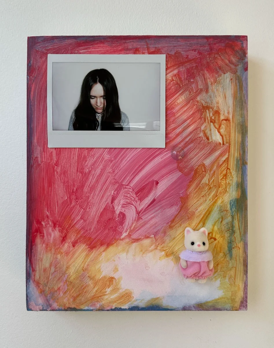"I'll Braid Your Hair and We'll Feel Like Girls Again," acrylic, polaroid, contact lens, and toy kitty on wood, 10 x 8 inches, 2024