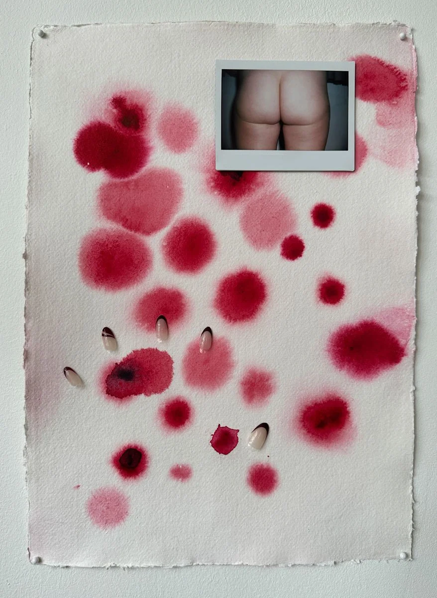 "Beloved," watercolor, press-on acrylic nails, and polaroid on paper, 16.5 x 11.7 inches, 2024