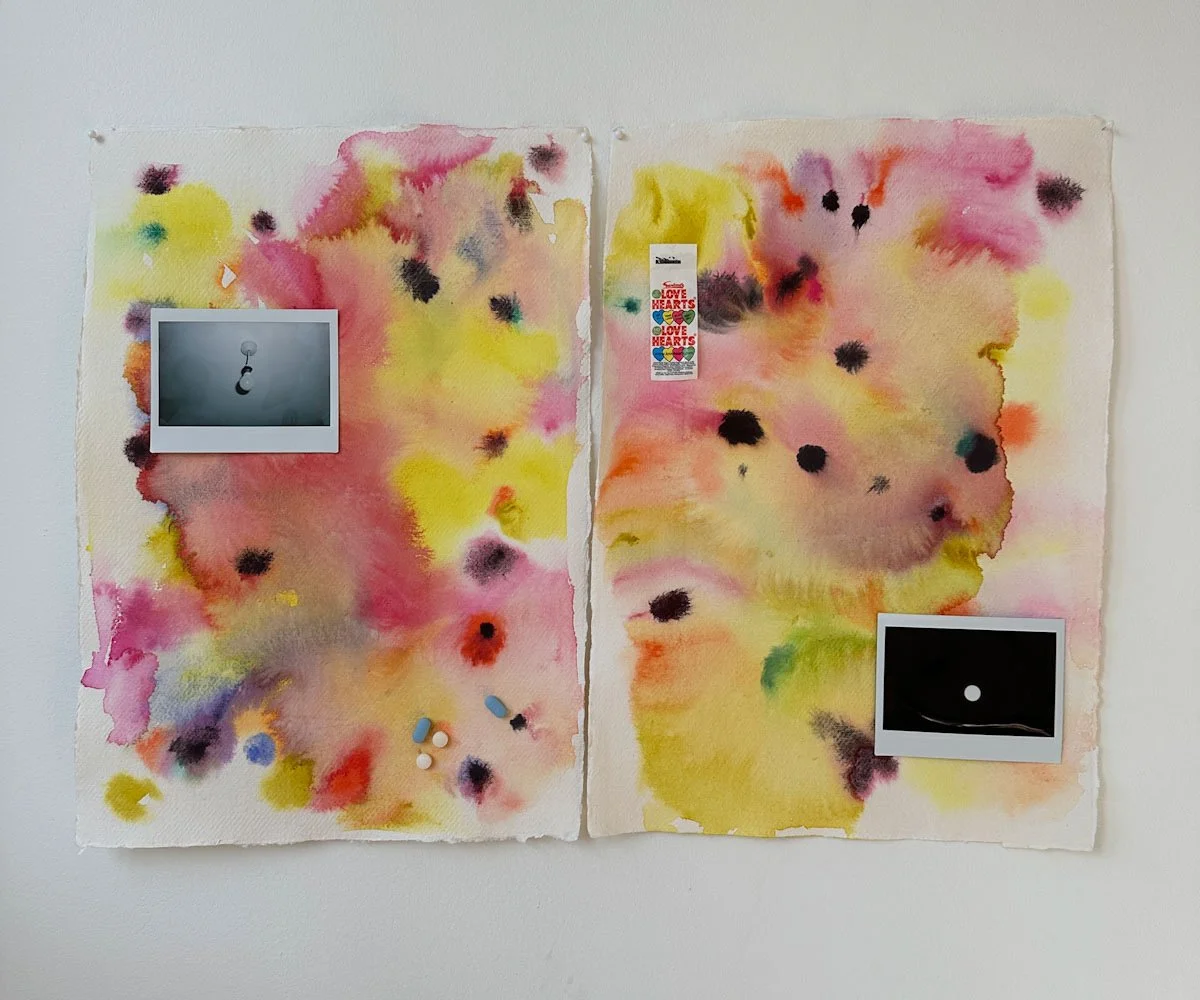 "How to Sleep at Night," watercolor, polaroids, pills (melatonin and Advil pm), and candy sweethearts wrapper on paper, 16.5 x 11.7 inches, 2024