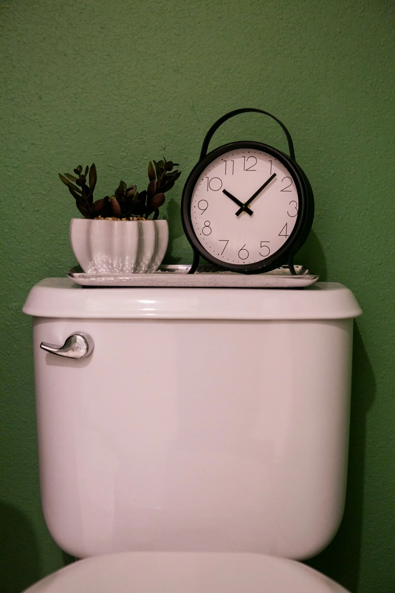  Toilet tank with vintage-looking clock and potted plant in tray on top. 
